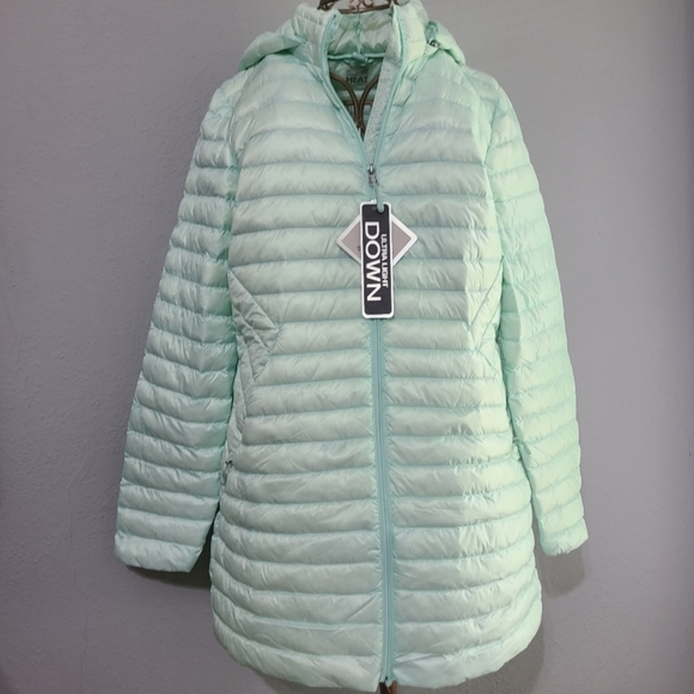 NWT 32 Heat Mint Green Above Knee Hooded Puffer&Lightweight Packable Jacket Sz L